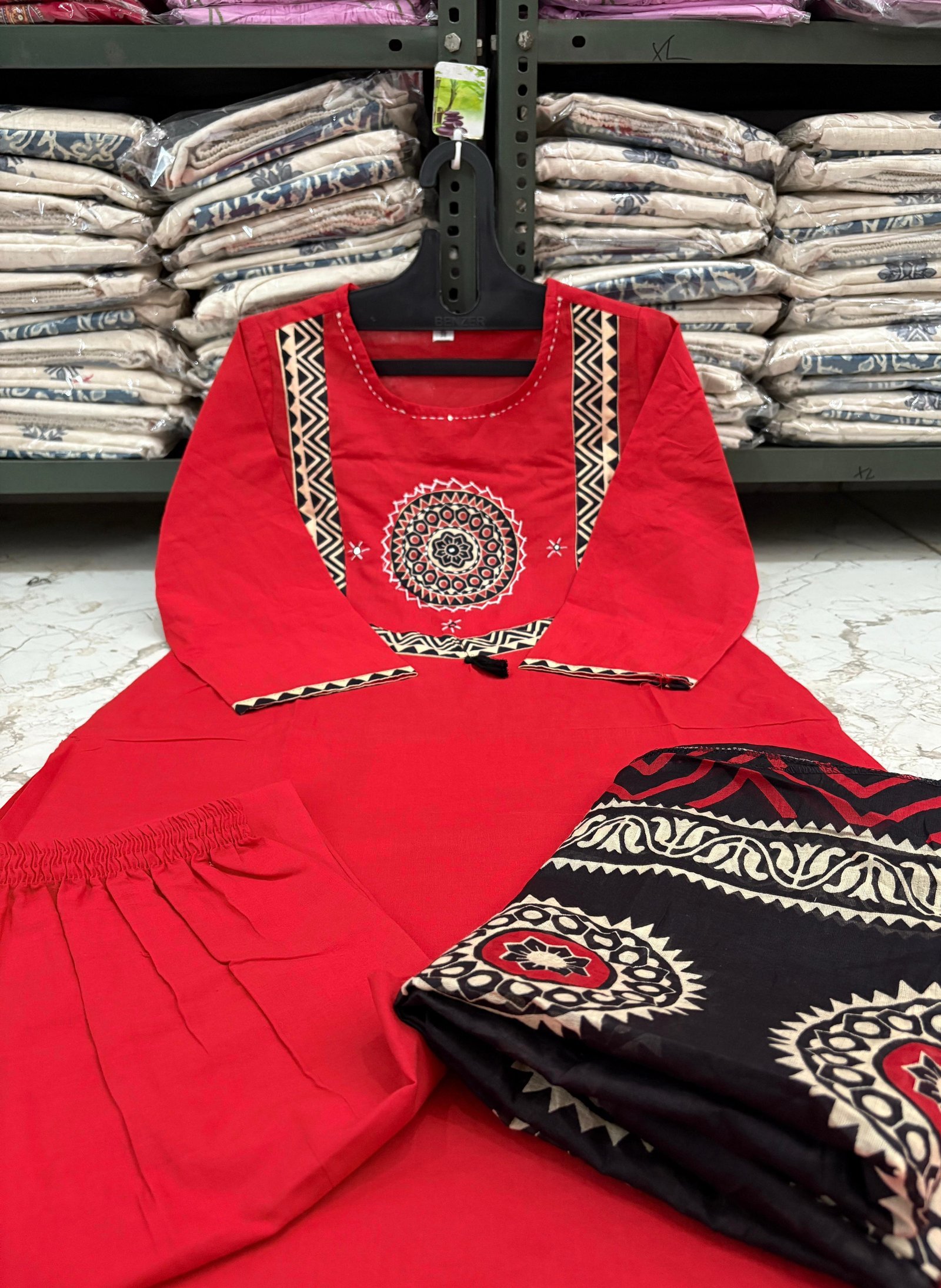 Red Handwork Cotton Suit Set